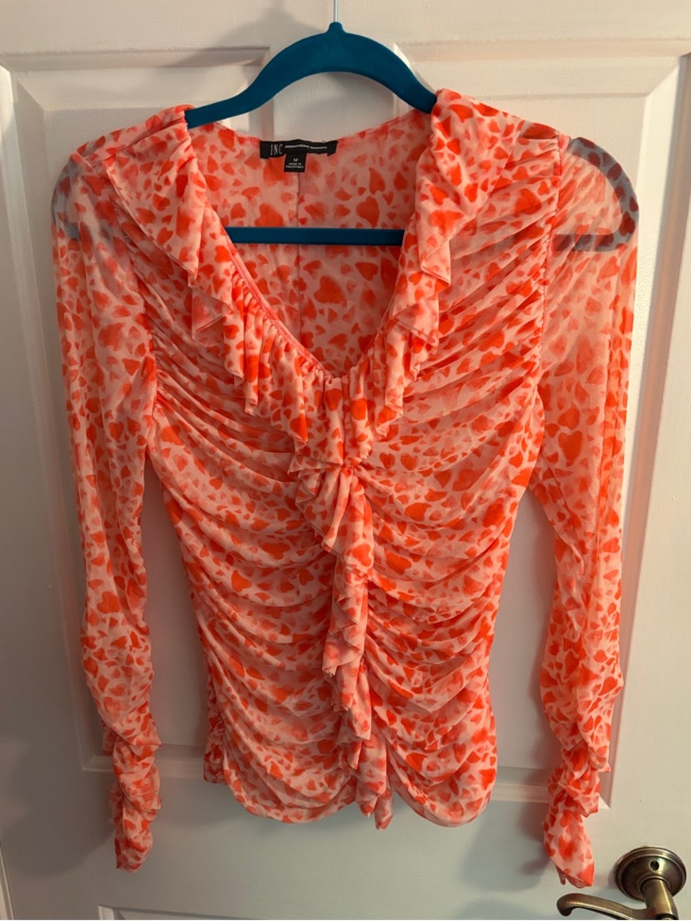 INC International Concepts Coral and White Ruffled Ruched Blouse